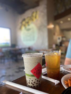 Left to right: black sesame frappe with amber boba, PAO iced tea