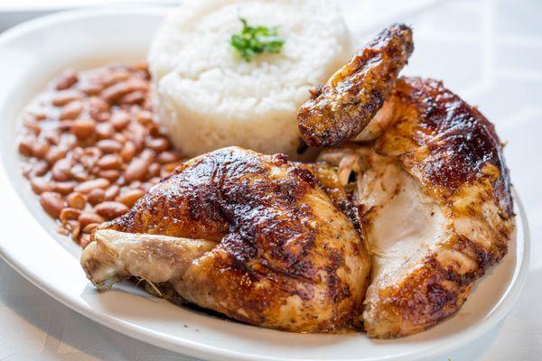 half chicken with rice and beans $9.50!