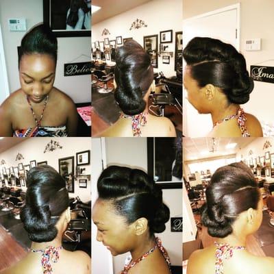 Natural hair care updo for prom Done by Myesia stylist at Shear Image Salon in Brea