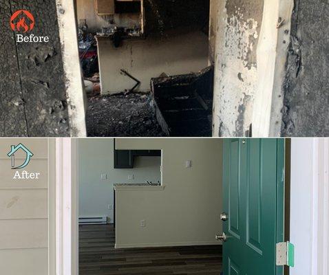 Before and after of fire damage.