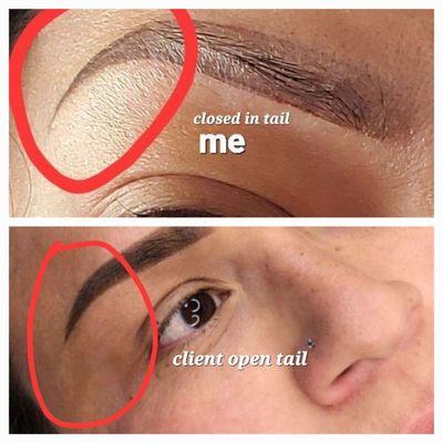 Comparison of a client she did with an open tail but closed my tail in. Would NEVER recommend some one like Claudia to do my eye brows.