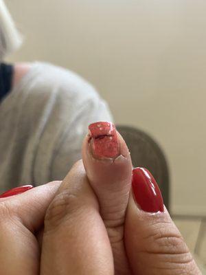 Broken nail happened at the time of the appointment but no one did anything about it.