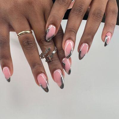 Almond nail set with chrome design