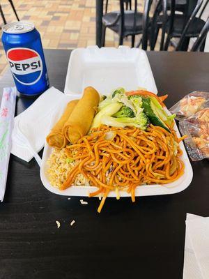 Veggie sauté, spring rolls  chow mein noodles & stir fried rice.  Always delicious!