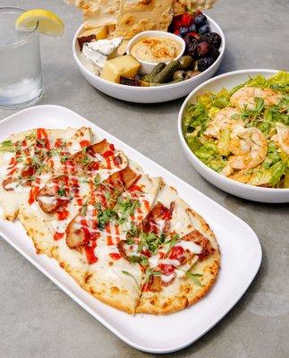 Cheese & Hummus Share Plate, Gulf Shrimp Salad, Bacon & Chicken Flatbread