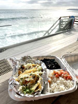 Grilled fish taco combo plate. White rice and black beans.