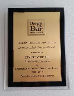 Beverly Hills Bar Association  Distinguished Service Award for Chairperson of the Real Estate Law Section