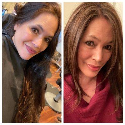 On the left is my hair before (as I sat down in the chair and explained what I wanted)...and on the right after!