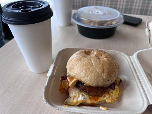 Egg Sandwich "Gary style" w blueberry jam and hot sauce.. and a Breakfast Burrito Bowl