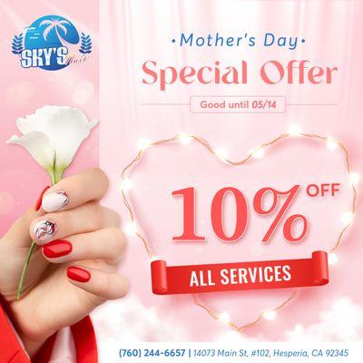 Mother's Day Special Offer
10% OFF All Services
Good until 05/14

Show your mom how much you appreciate her with a luxurious pampe