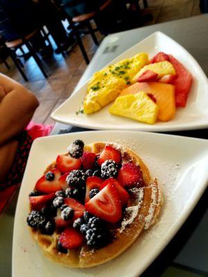 Waffles with omlette and fruit... heaven