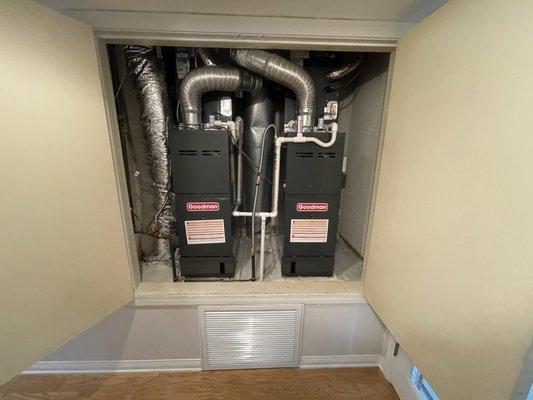 2 New Furnaces and Coil By goodman installed in closet 
  included Merv 11 High Efficnacy air filter 
  and Ultra violet air purifiers