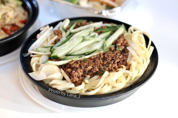 Ground Pork and Shredded Vegetable Old Bejing Style Noodles 老北京炸醬麵 ($11.95) - zhajiangmian. Has cucumber, bean sprouts, and raw garlic