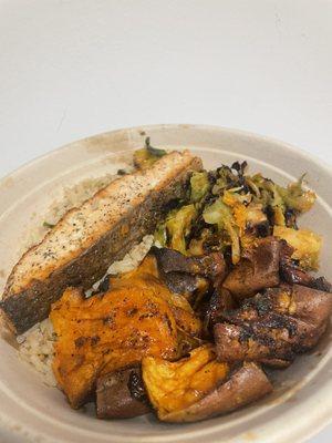 Salmon bowl with Roasted Sweet Potato and Maple-Sriracha Brussels Sprouts