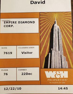 One of the coveted passes to Empire Diamond.