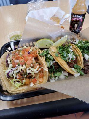 Fish, cabeza and carnitas. Happy Hour 3-6pm $0.99 TJ style tacos and Monday fish taco special for ($1.99)  P.S. Gringo Bandito hot sauce