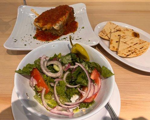 Pita, Greek side salad, and Mousaka