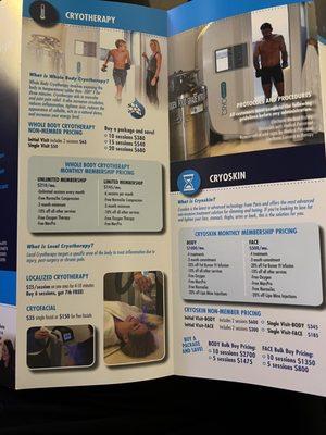 Cryotherapy menu