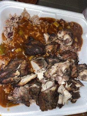 Jerk chicken and rice and peas