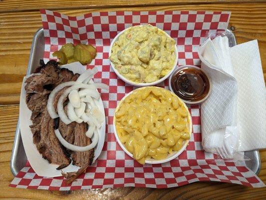 Brisket with mac & cheese and potato salad