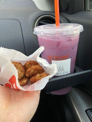 Purple Pomegranate Dunkin' Coconut Refresher and Hash Browns