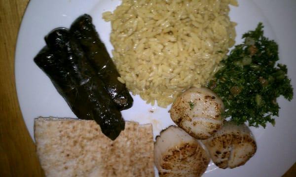 The deli provided the rice, salad, bread, and lamb-stuffed grape leaves (I had the scallops).