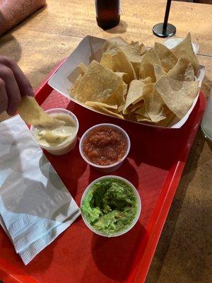 Chips, queso, salsa. & guacamole