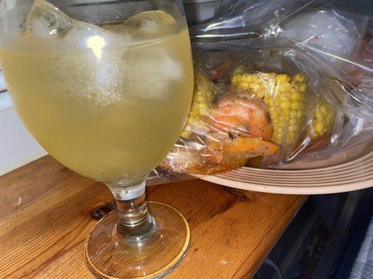 My at home drink and shrimp sea food boil.