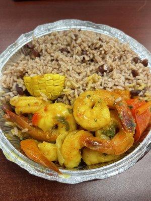 Curry Shrimp with rice and peas $13 Really really great dish.