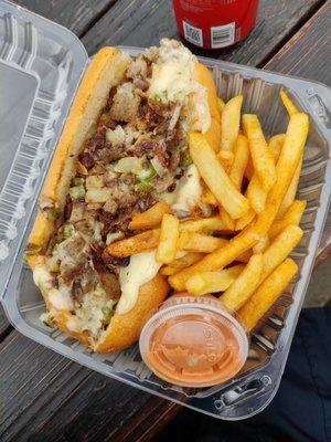 Lamb Cheese Steak and Fries.