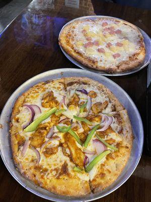 Top: Hawaiian Bbq pizza Bottom: Butter Chicken pizza