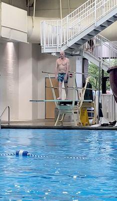 Awesome, safety minded gymnastic diving enthusiast Jared carefully calibrates jump safety.