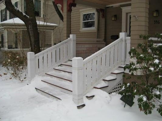 Detail of stair and railing, part of the porch renovation on this 1906 Arts and Crafts home in Glen Ridge, NJ.