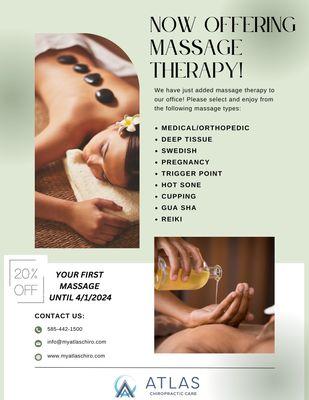 Now offering massage therapy! Take advantage of 20% off your first massage! Offer valid until April 1, 2024.