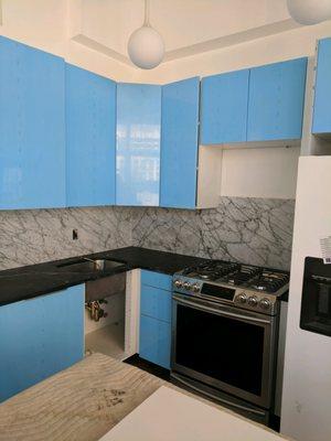 Carrara Marble backsplash and Soapstone countertops, Brooklyn, NY