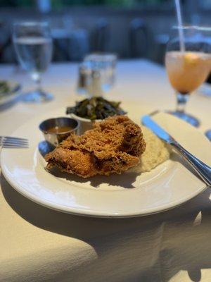 Gluten-free Fried Chicken, White Cheddar Grits, Pot Likker Collards and Thyme gravy. Highly recommend!