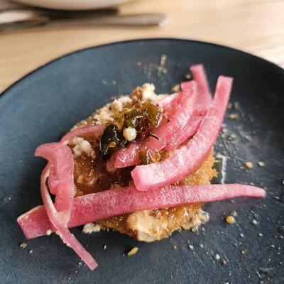 Fried green tomatoes with pickled red onions and jalapeño sweet sauce!!!