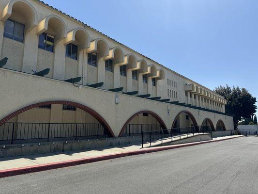 The front of the building which has tons of parking! They are located on the second floor. You can take an elevator or the stairs.