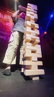 My husband and he came of Jenga .