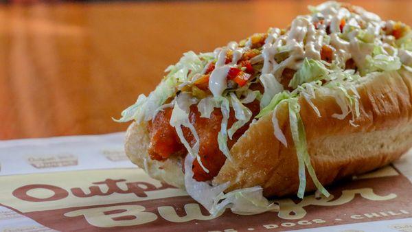 Nashville Hot Hoagie
House-brined w/fried chicken, dipped in hot chili, topped with shredded iceberg, cherry pepper relish, and white sauce