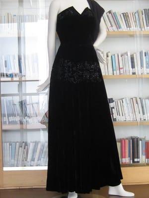 Black velvet evening gown embroidered with small beads.  Biki, Milan, circa 1960.