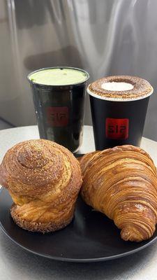 Cinnamon Croissant, Butter Croissant, Matcha Foam Iced Coffee, Tiramisu Donut Latte