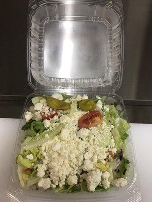 GREEK SALAD. Add grilled chicken, steak tips, chicken fingers!  Also have antipasto and chef salads!