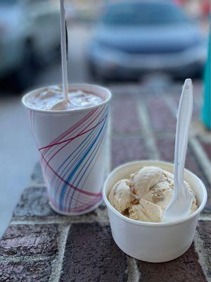 Vanilla milkshake and a scoop of salted caramel chocolate chip cookie dough