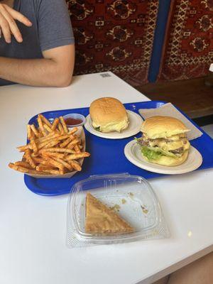 Burger, Masala fries, Baklava