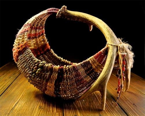 Hammock Rib Basket. Standing antler basket using a wide range of hand corded naturally dyed  materials by Organic Artist Tree.