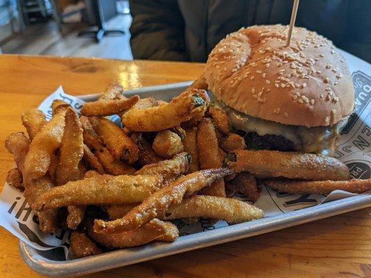 The slip burger with pickle fries