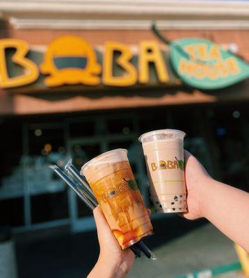 Brown Sugar Milk Tea w/Egg Pudding & Lavendar Milk Tea w/Boba