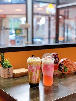 Organic Milk with Brown Sugar Boba & Creme Brulee, Miko's Favorite Sakura Tea & Sakura Boba | IG: happyfoodieoc