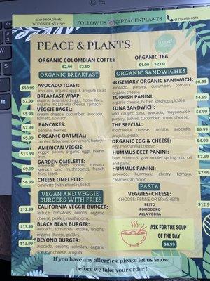 Peace n plants menu